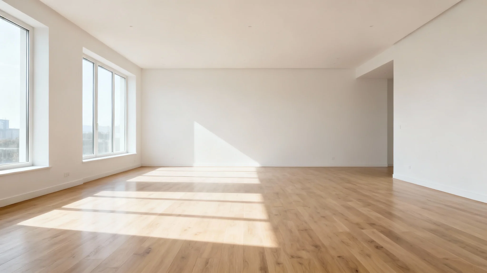 A photograph of a completely empty and clean living room with bright sunlight shining on the polished hardwood floors, representing the result of a furniture removal service.