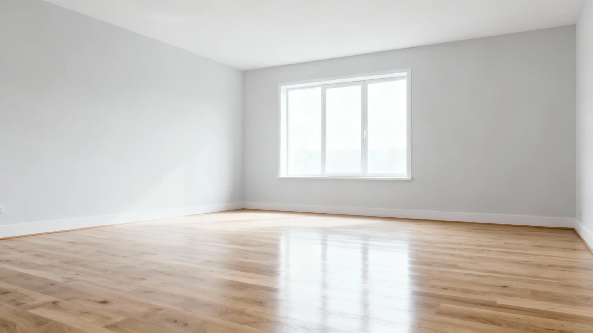A bright and spacious empty living room with light grey walls and polished wood floors, cleanly lit by a large window, showcasing the result of a furniture removal service.