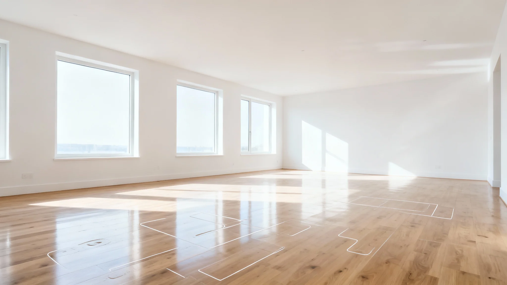 A bright, empty living room with white walls and hardwood floors, showing the clean space left behind after professional furniture removal.