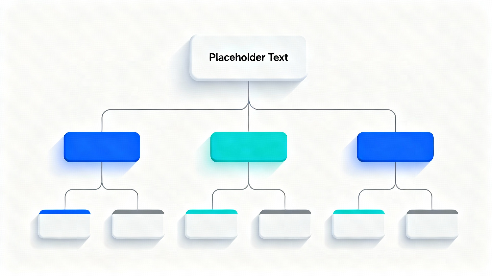 A sleek, modern organizational chart with blue, teal, and gray nodes connected by lines, representing a corporate structure on a white background.