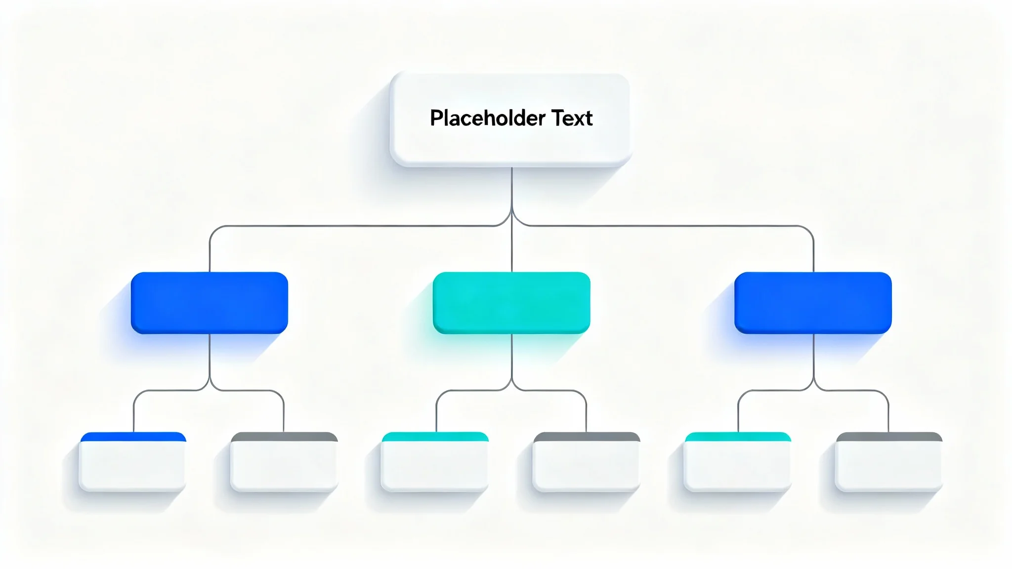 A sleek, modern organizational chart with blue, teal, and gray nodes connected by lines, representing a corporate structure on a white background.