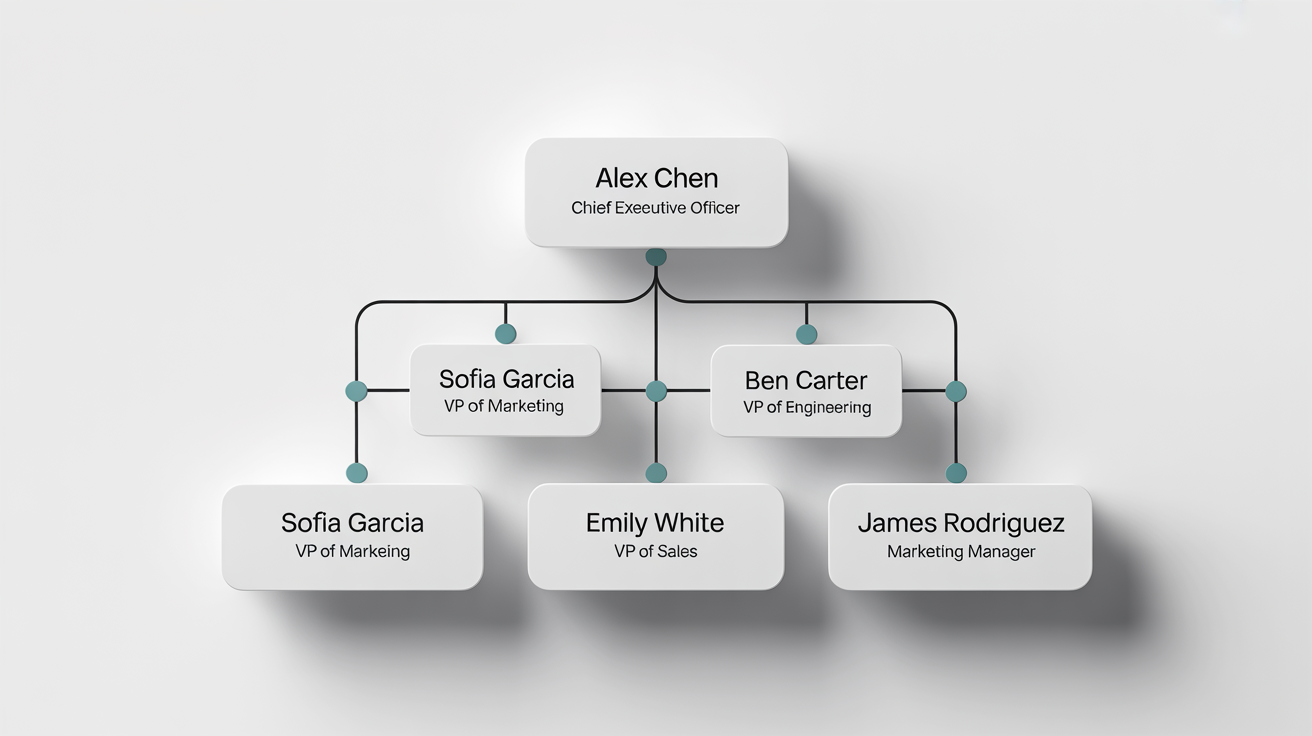A modern organizational chart showing a company's hierarchy. It starts with the CEO at the top and branches down to VPs of Marketing, Engineering, and Sales, with clean lines and a professional color scheme on a white background.