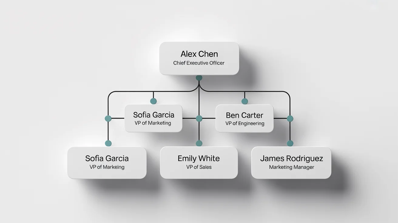 A modern organizational chart showing a company's hierarchy. It starts with the CEO at the top and branches down to VPs of Marketing, Engineering, and Sales, with clean lines and a professional color scheme on a white background.
