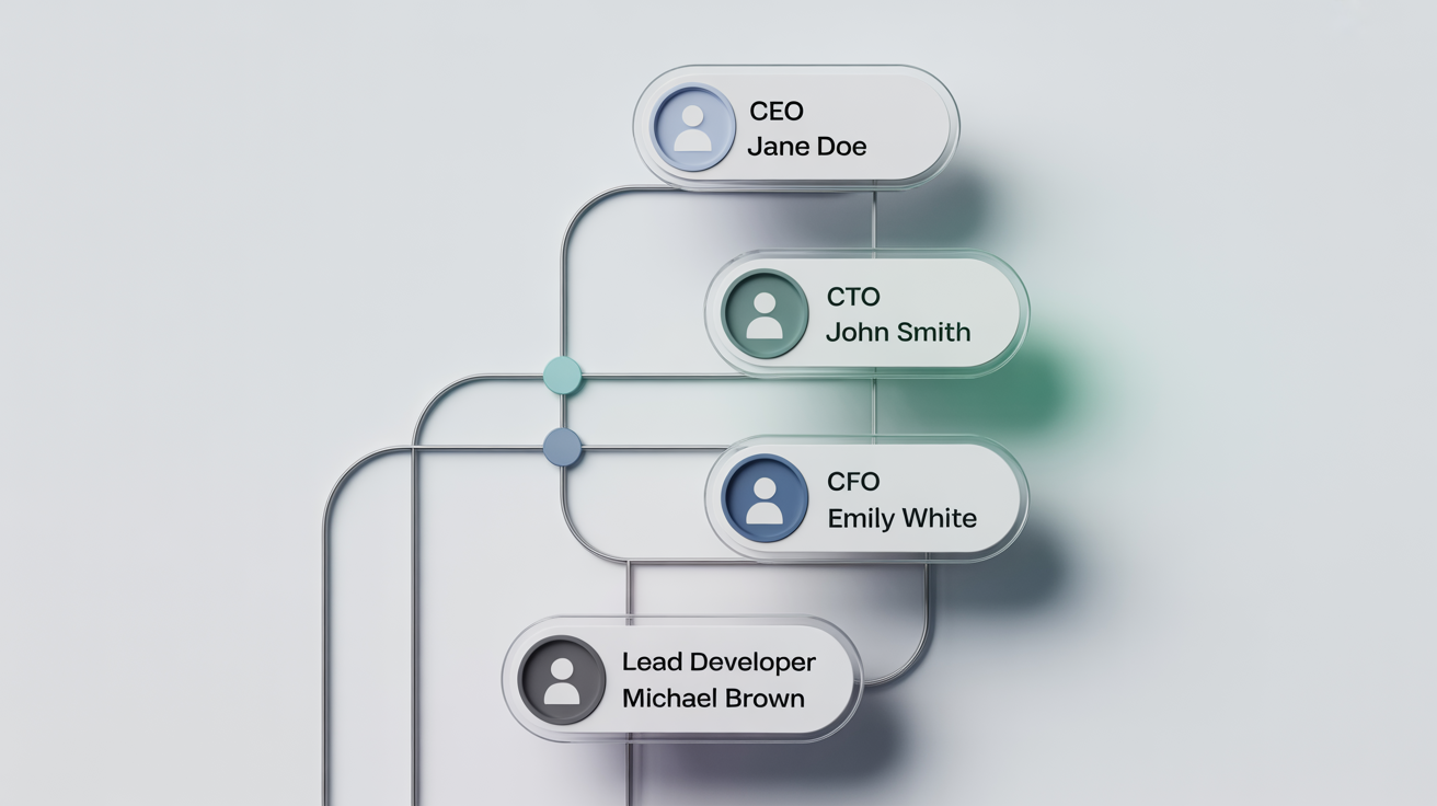 A modern, stylized organizational chart with circular icons representing employees and clear connecting lines, illustrating a company's hierarchical structure against a white background.