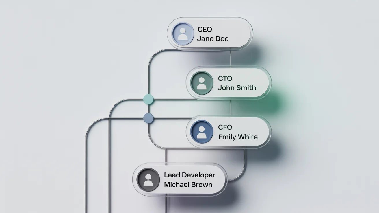 A modern, stylized organizational chart with circular icons representing employees and clear connecting lines, illustrating a company's hierarchical structure against a white background.
