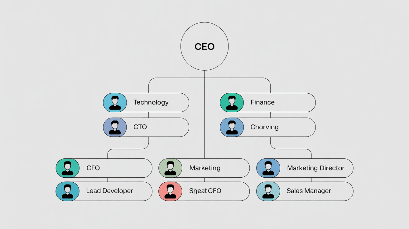 A modern, stylized organizational chart infographic with a blue and grey color scheme, showing a hierarchy from the CEO down to various department heads and managers, set against a clean white background.