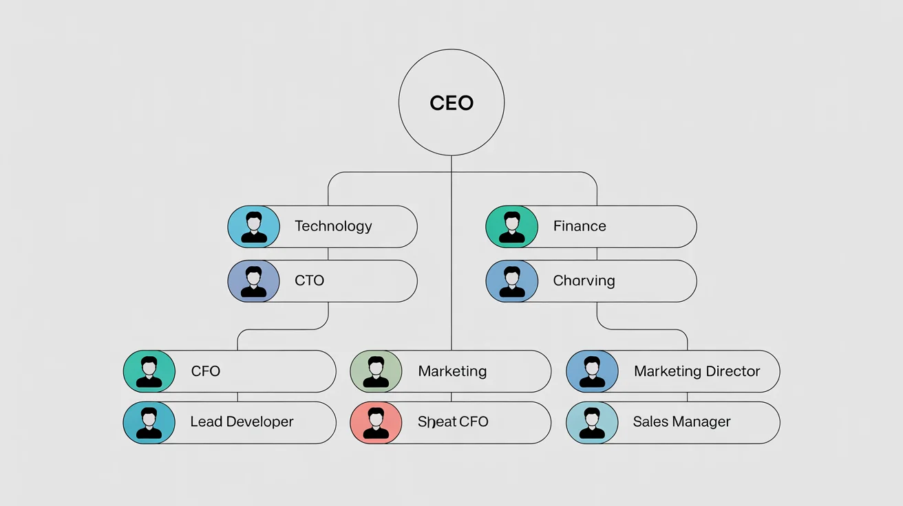A modern, stylized organizational chart infographic with a blue and grey color scheme, showing a hierarchy from the CEO down to various department heads and managers, set against a clean white background.