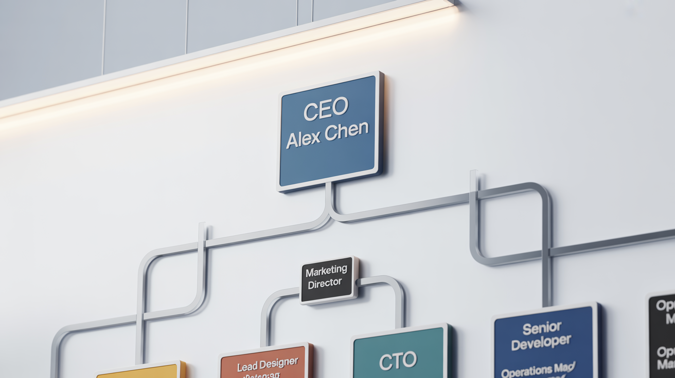 A modern organizational chart mockup showing a corporate hierarchy, with a CEO at the top branching down to department heads and team members.