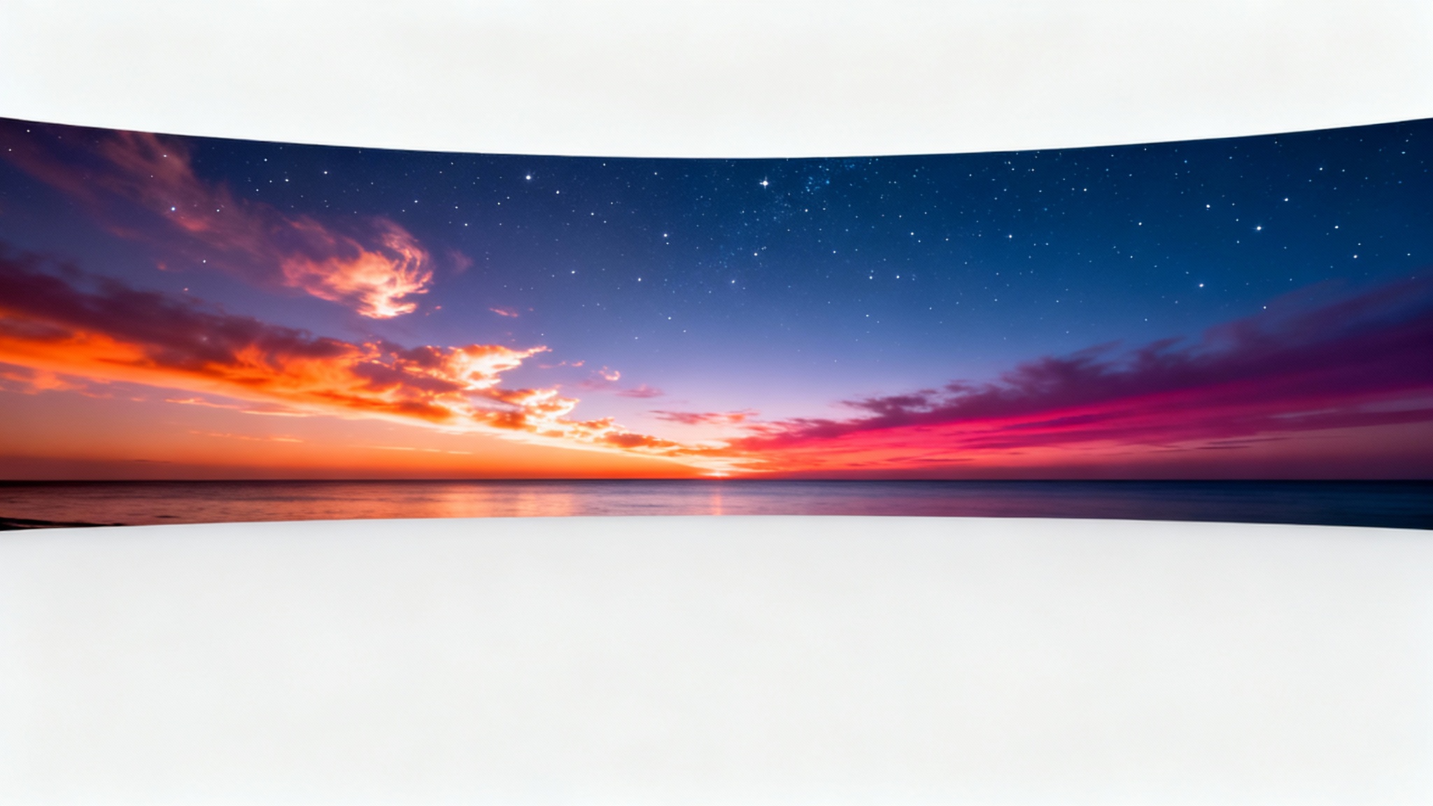A 360-degree panoramic mockup of a twilight sky, transitioning from vibrant orange at the horizon to deep indigo with stars, displayed against a clean white background.