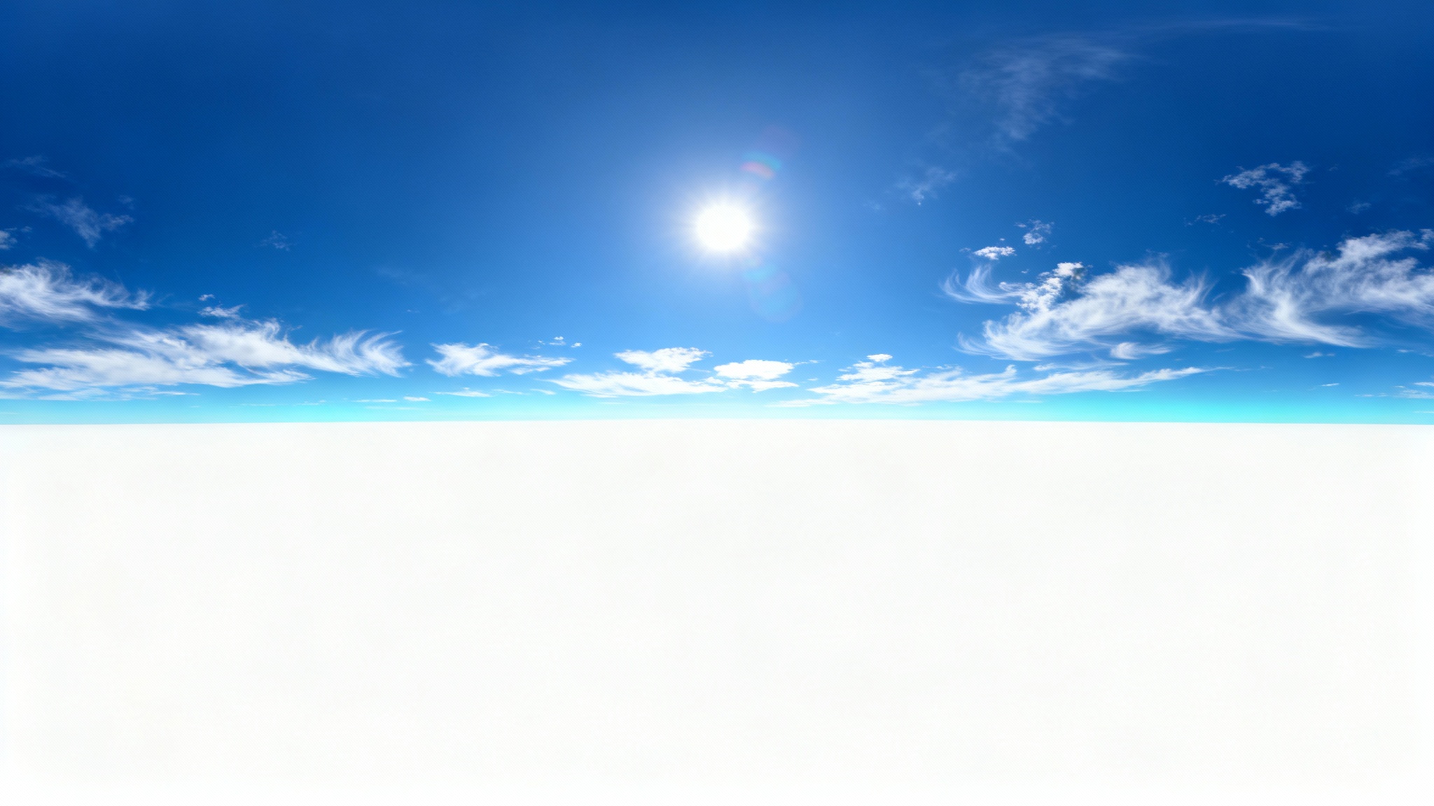 A photorealistic 360-degree equirectangular panorama of a bright blue daytime sky with wispy white clouds, displayed on a white background.