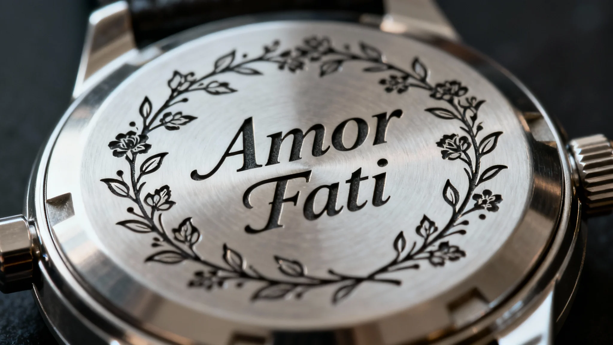 A detailed close-up of a stainless steel watch back, showcasing a beautiful and precise engraving of a floral design and the words 'Amor Fati'.