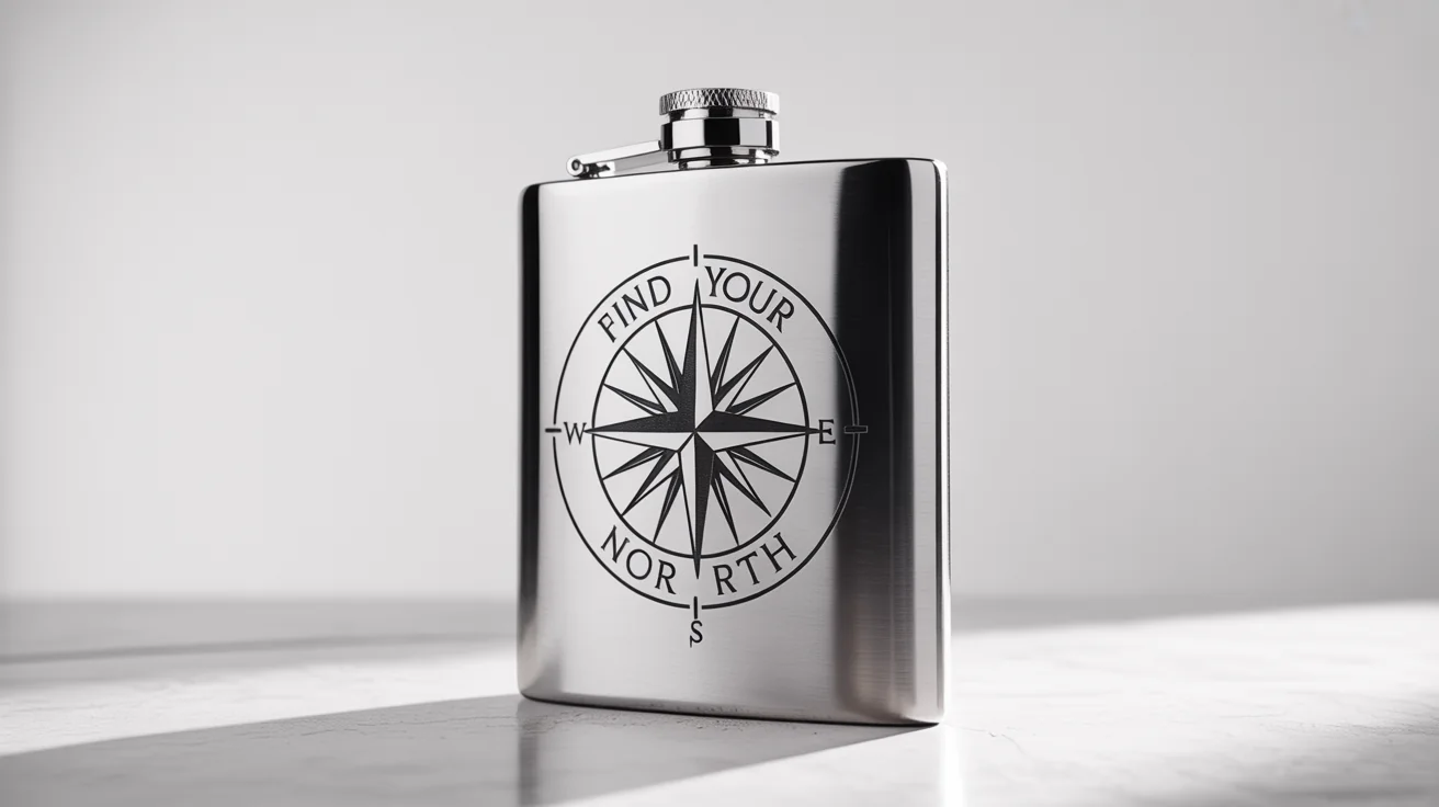 A close-up of a precision engraving on a stainless steel flask, showing a compass rose and the words 'Find Your North', set against a clean white background.