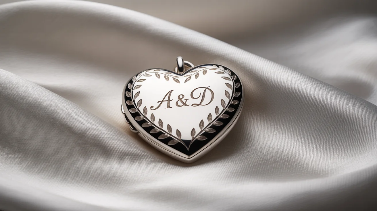 A close-up photo of a polished silver heart-shaped locket on a white background, featuring a detailed, intricate engraving of a floral pattern and the initials 'A&D'.