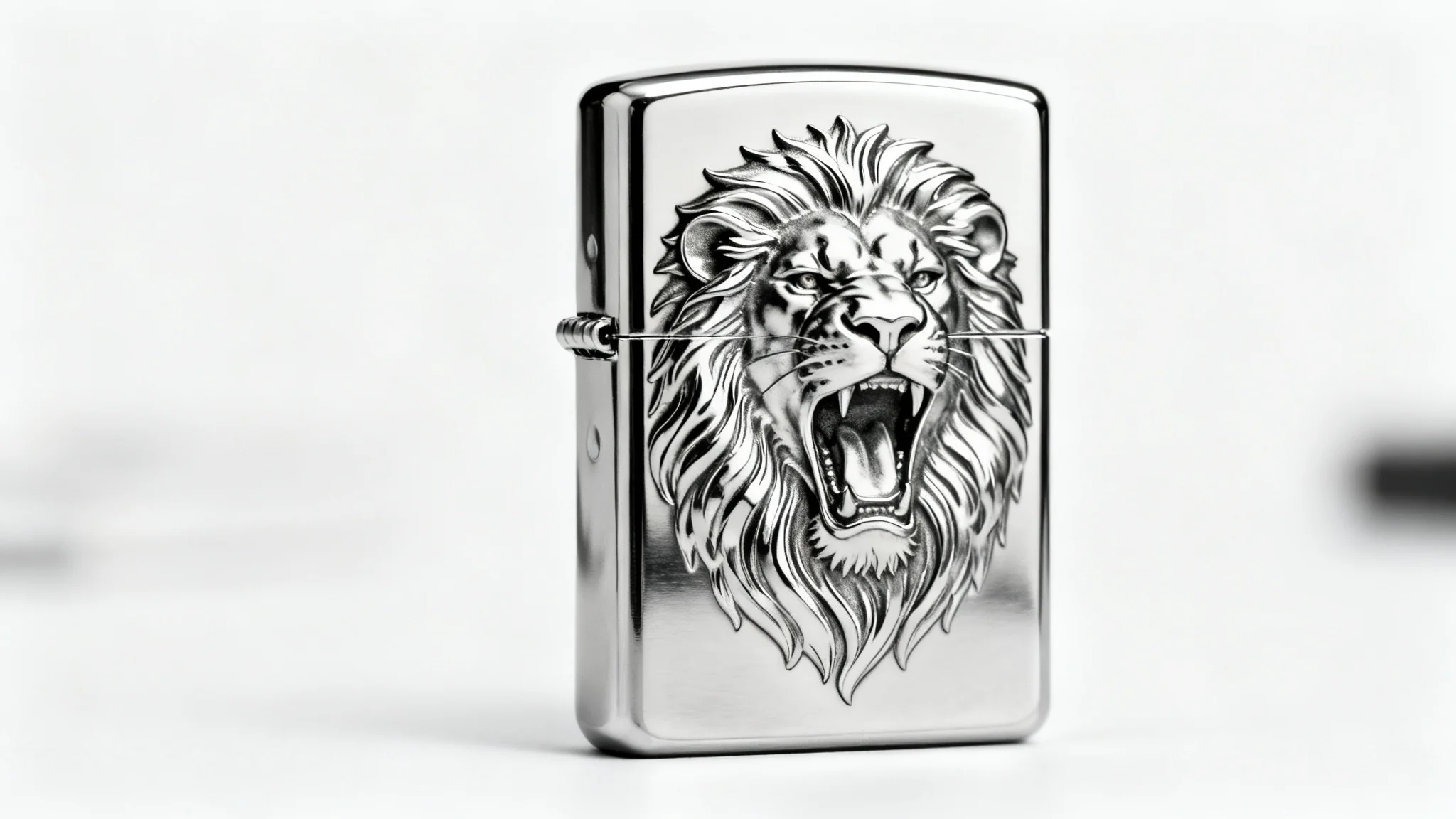 A close-up photorealistic image of a polished steel lighter standing on a white background, featuring a highly detailed laser engraving of a roaring lion's head.