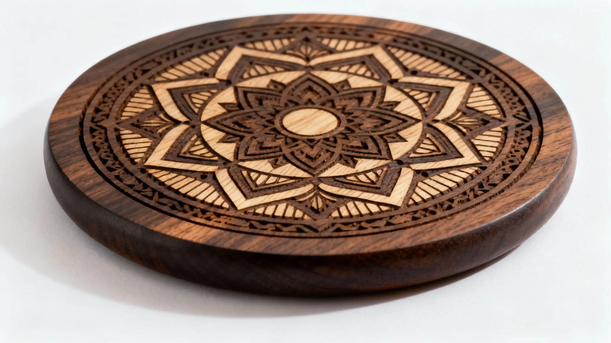 A professional mockup image of a detailed mandala pattern engraved into a piece of dark walnut wood, showcased on a clean white background.