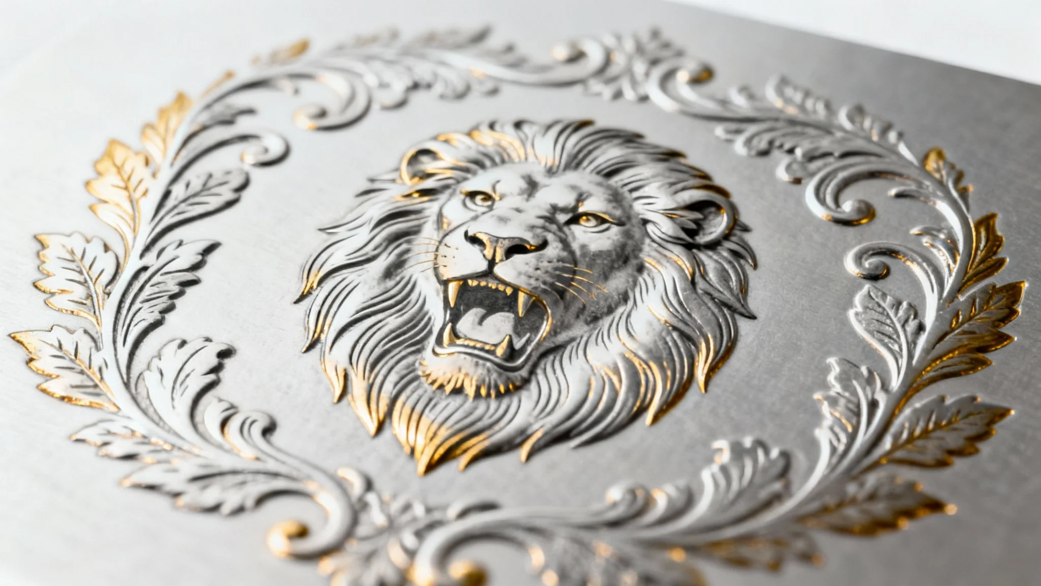 A detailed, photorealistic macro image of an elegant engraving on a silver surface, featuring a roaring lion's head, set against a clean white background.