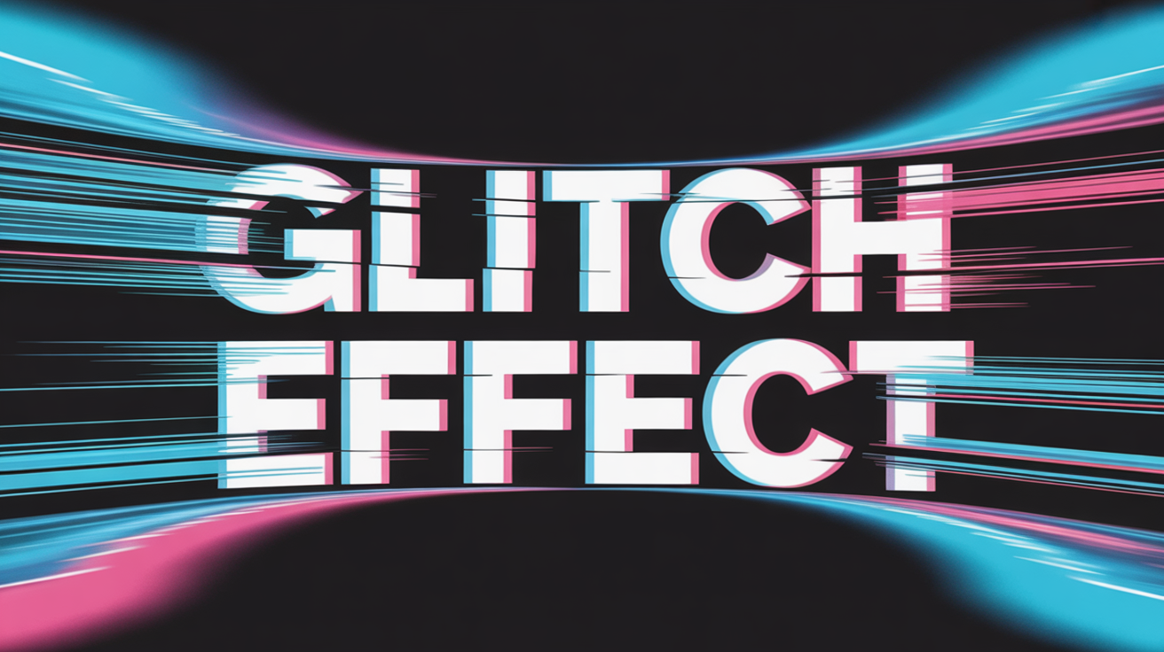 A dynamic hero image showing the words 'GLITCH EFFECT' with a professional glitch animation style. The text is fragmented and distorted in vibrant neon blue and pink against a dark background, simulating a malfunctioning digital screen.