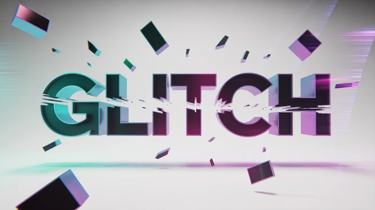 A hyper-realistic 3D rendering of the word "GLITCH" breaking apart with a vibrant neon digital glitch effect, featuring cyan and magenta colors against a clean white background.