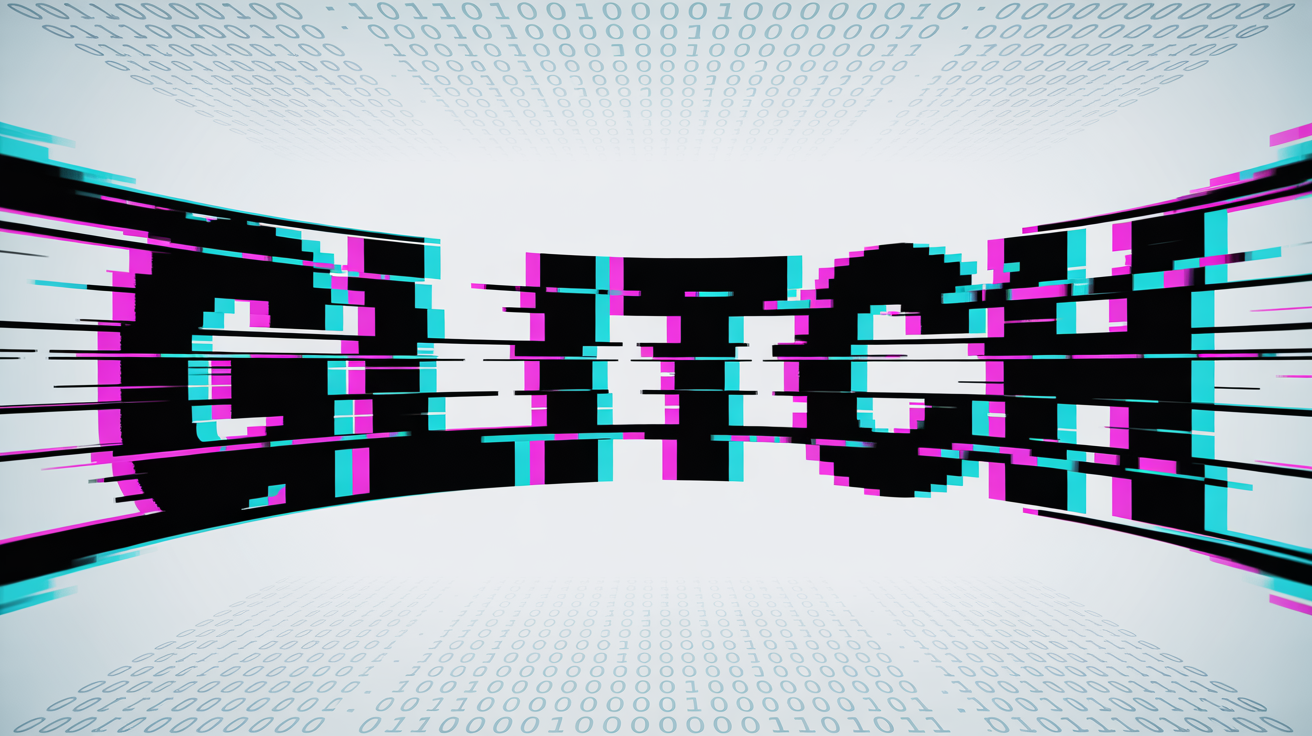 A mockup representing a glitch text animation, showing the word 'GLITCH' with heavy digital distortion, color separation, and scan line effects against a plain white background.
