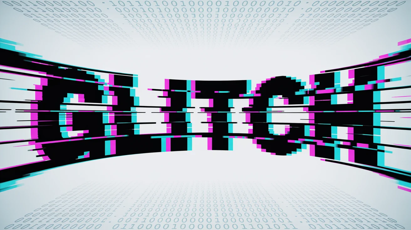 A mockup representing a glitch text animation, showing the word 'GLITCH' with heavy digital distortion, color separation, and scan line effects against a plain white background.