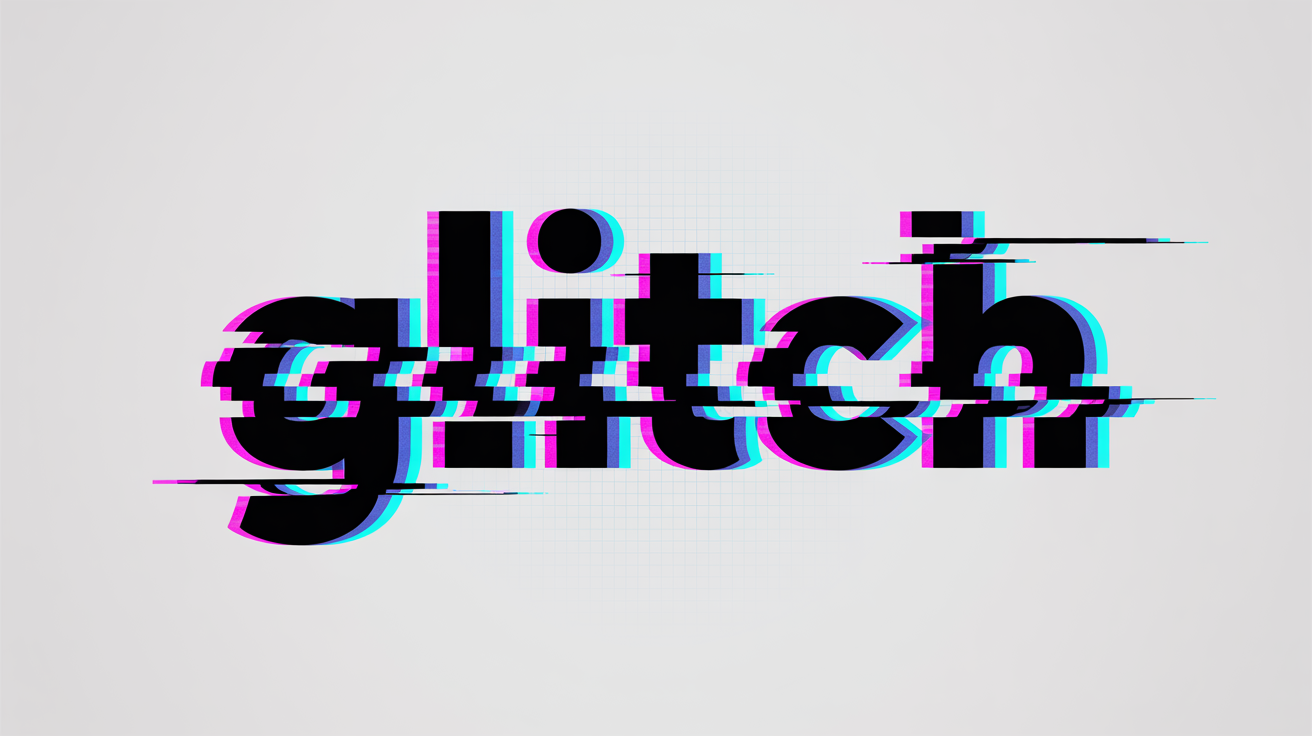 The word 'GLITCH' is shown with a dynamic digital distortion effect, featuring color separation, pixelation, and scan lines, all set against a clean white background to represent a glitch text animation.