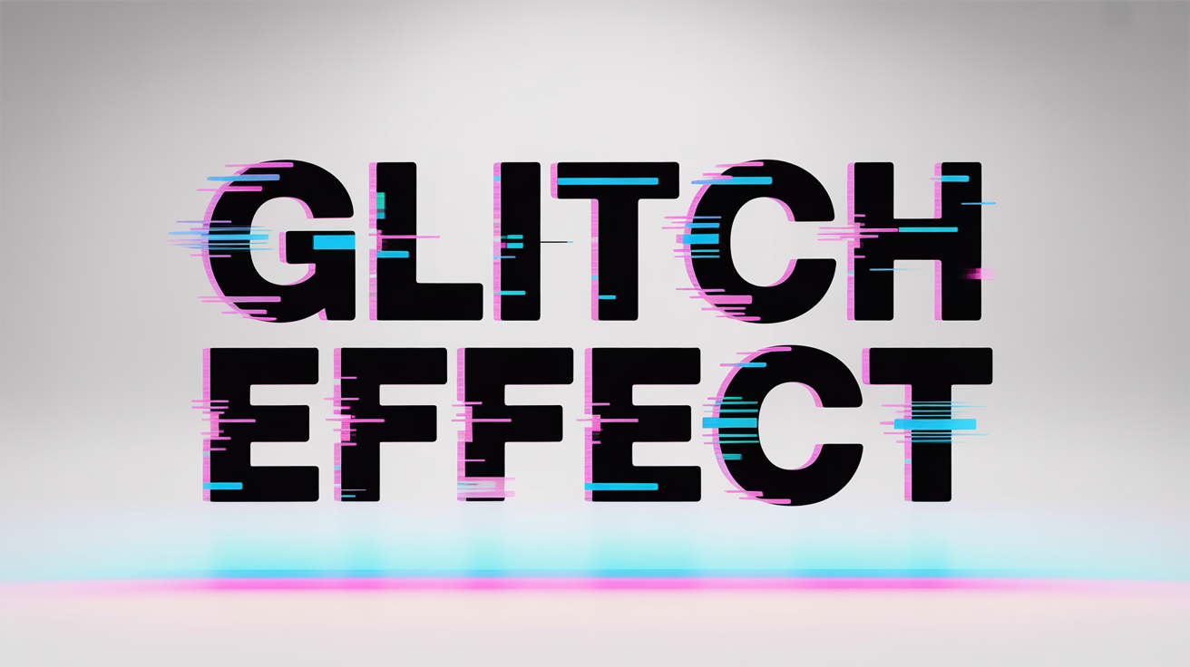 The words 'GLITCH EFFECT' shown with a colorful digital distortion and pixelation effect, presented as a mockup on a clean white background.