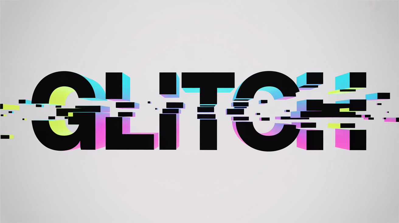 The word 'GLITCH' is shown in a 3D, bold font, breaking apart with colorful digital distortion effects like pixelation and scan lines, set against a clean white background.