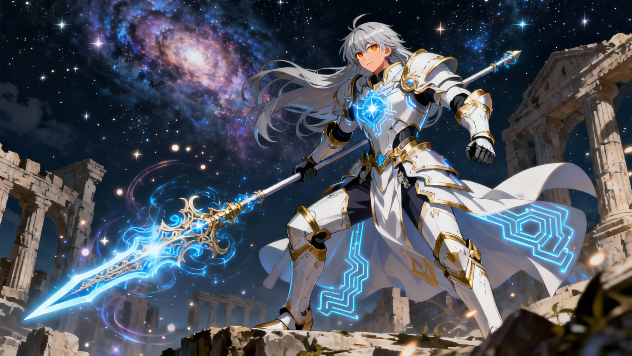 An epic anime illustration of a heroic warrior character in the style of the Fate series. The character has silver hair and wears ornate white and gold armor, holding a glowing spear while standing on ancient ruins under a starry night sky.