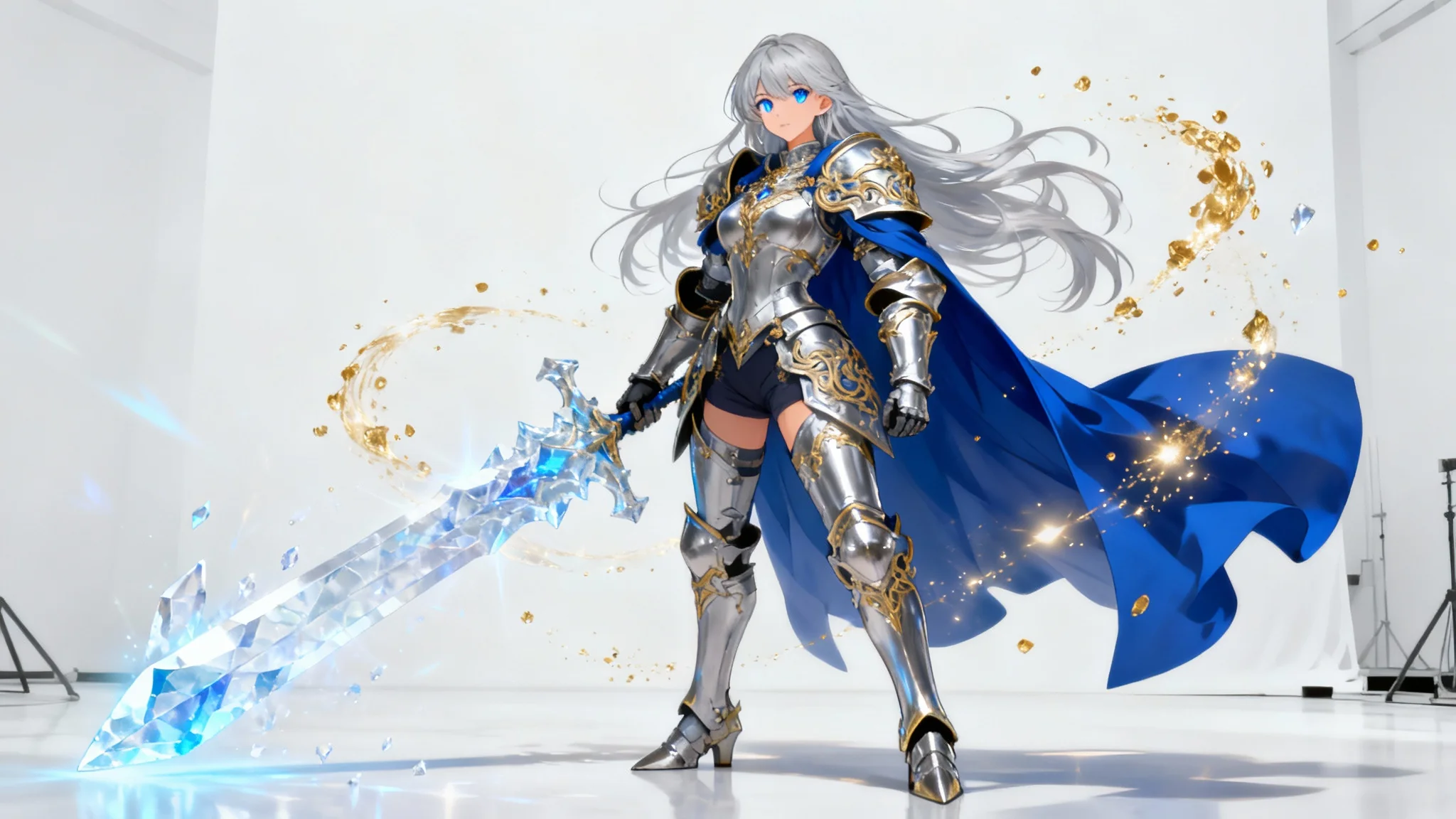A full-body anime illustration of a female warrior inspired by the Fate series. She has silver hair, wears ornate silver and gold armor with a blue cape, and holds a giant, glowing crystal sword against a clean white background.