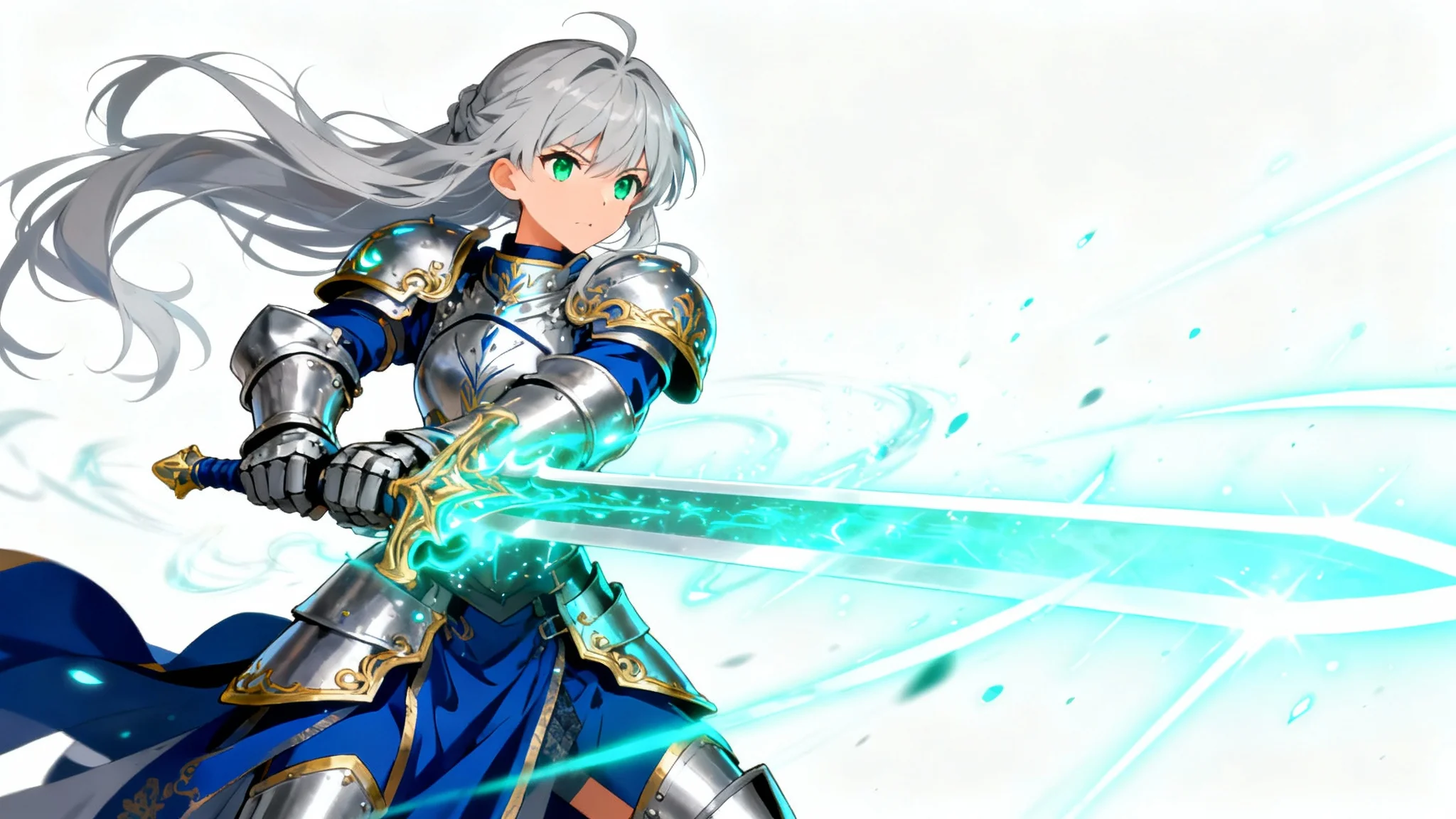An anime-style female warrior in silver and blue armor, swinging a giant glowing sword against a white background.