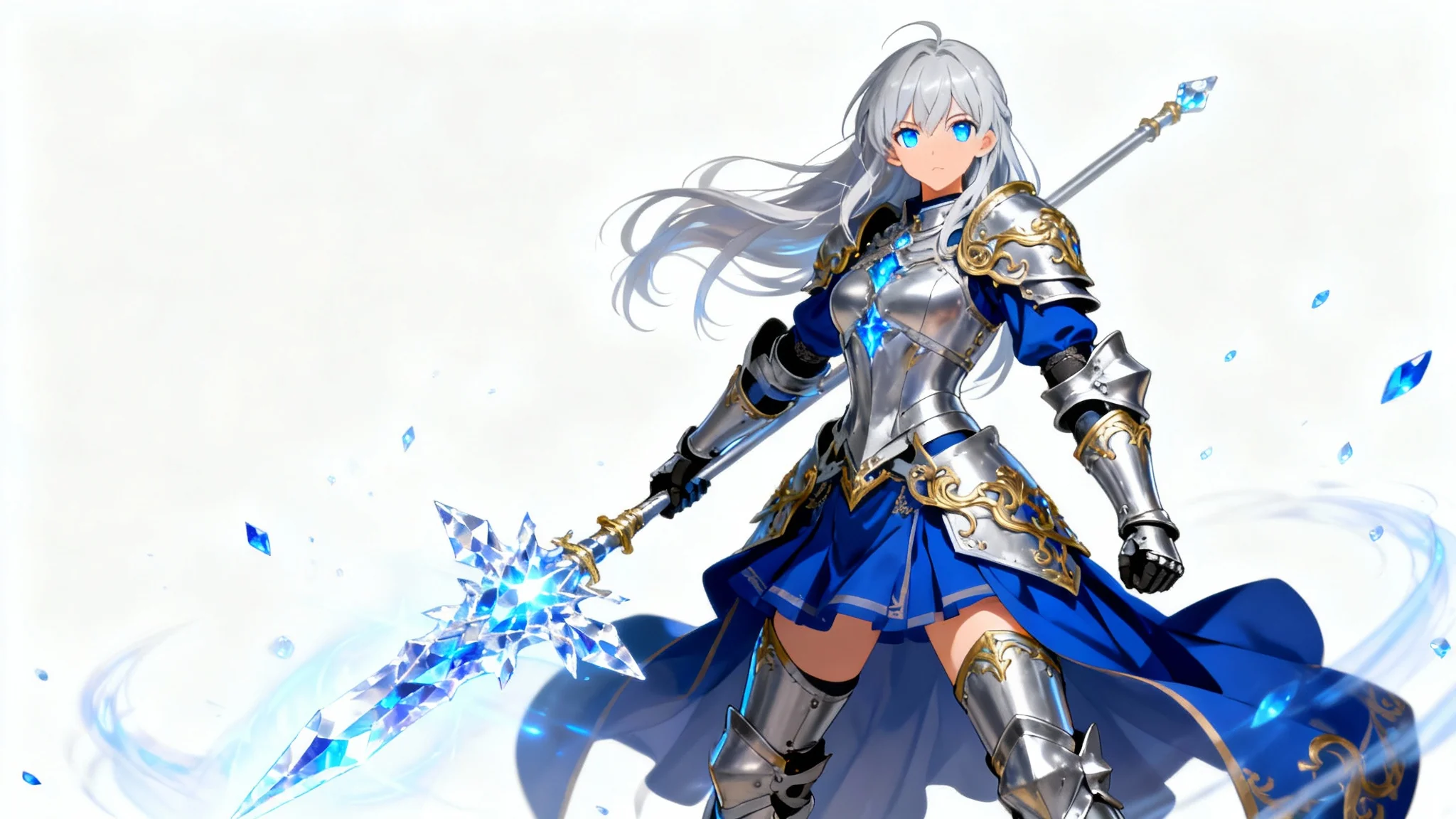 A full-body digital illustration of a female anime warrior in the style of the Fate series, standing against a white background. She has long silver hair, wears ornate blue and silver armor, and holds a glowing lance.