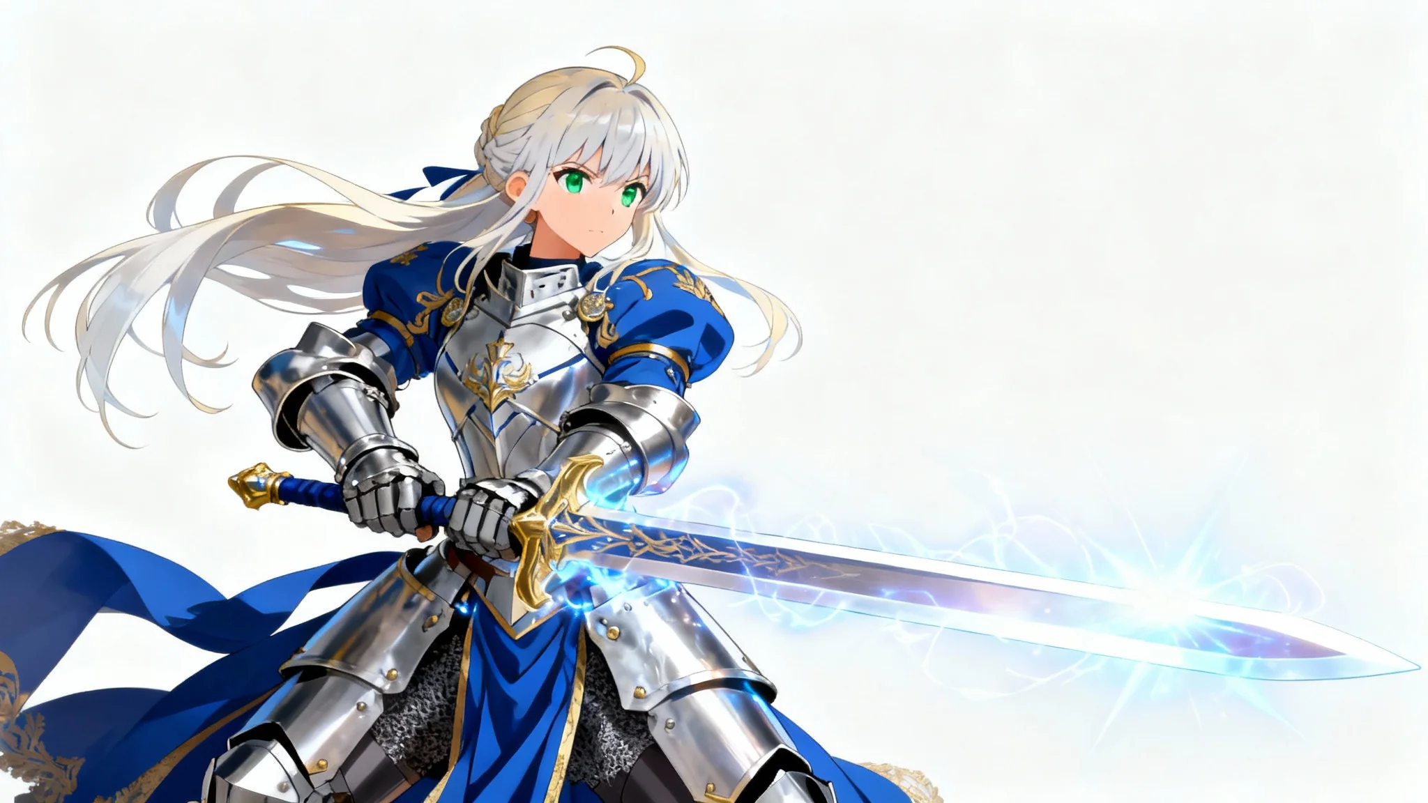 A full-body digital illustration of a female anime knight in the style of the 'Fate' series, posing heroically with a glowing sword against a plain white background.