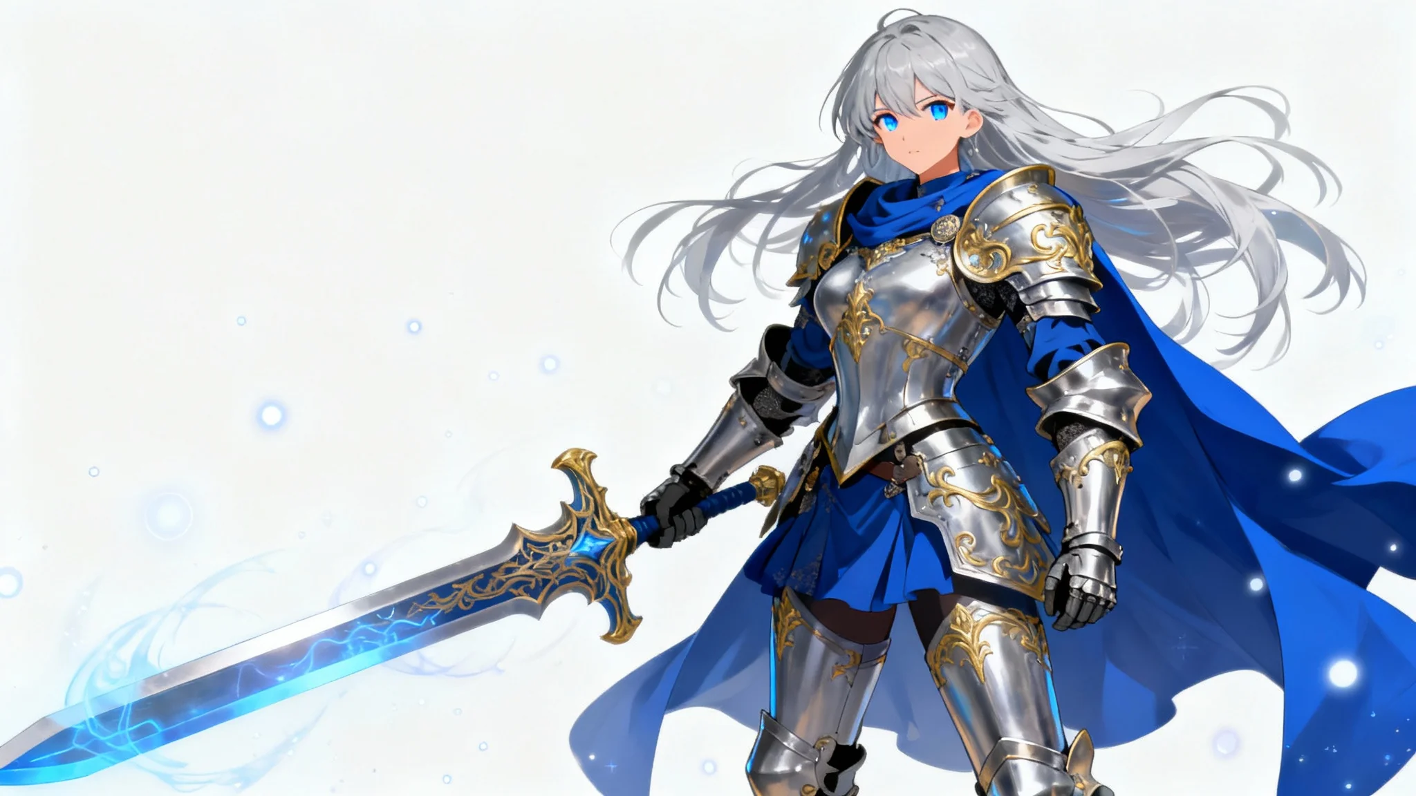 An anime-style concept art of a female knight inspired by the Fate series. She has silver hair and wears ornate silver armor, holding a large glowing sword against a white background.