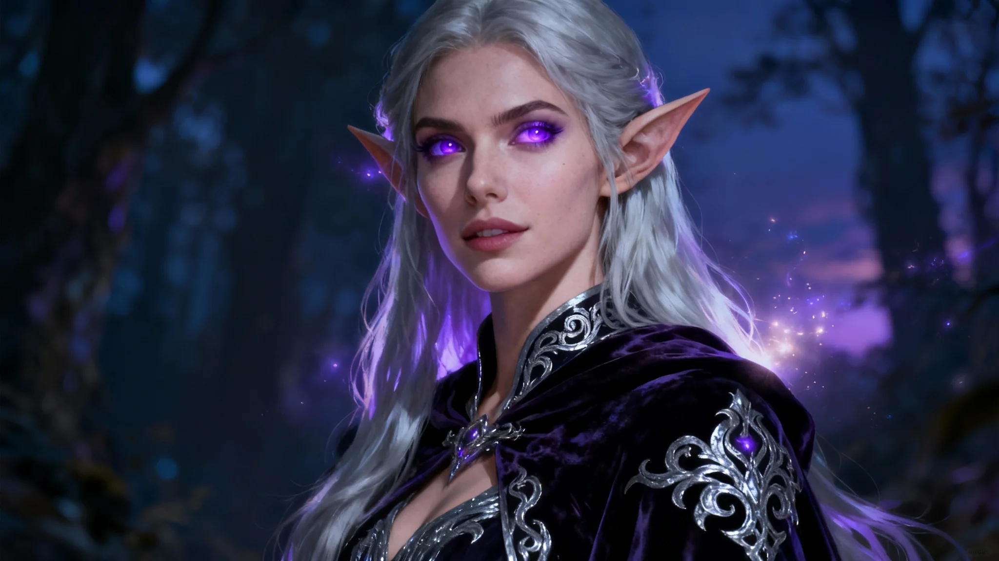 An eye-catching digital painting of a beautiful elven sorceress with silver hair and glowing violet eyes, set against a dark, magical forest background, representing a fantasy character creation.