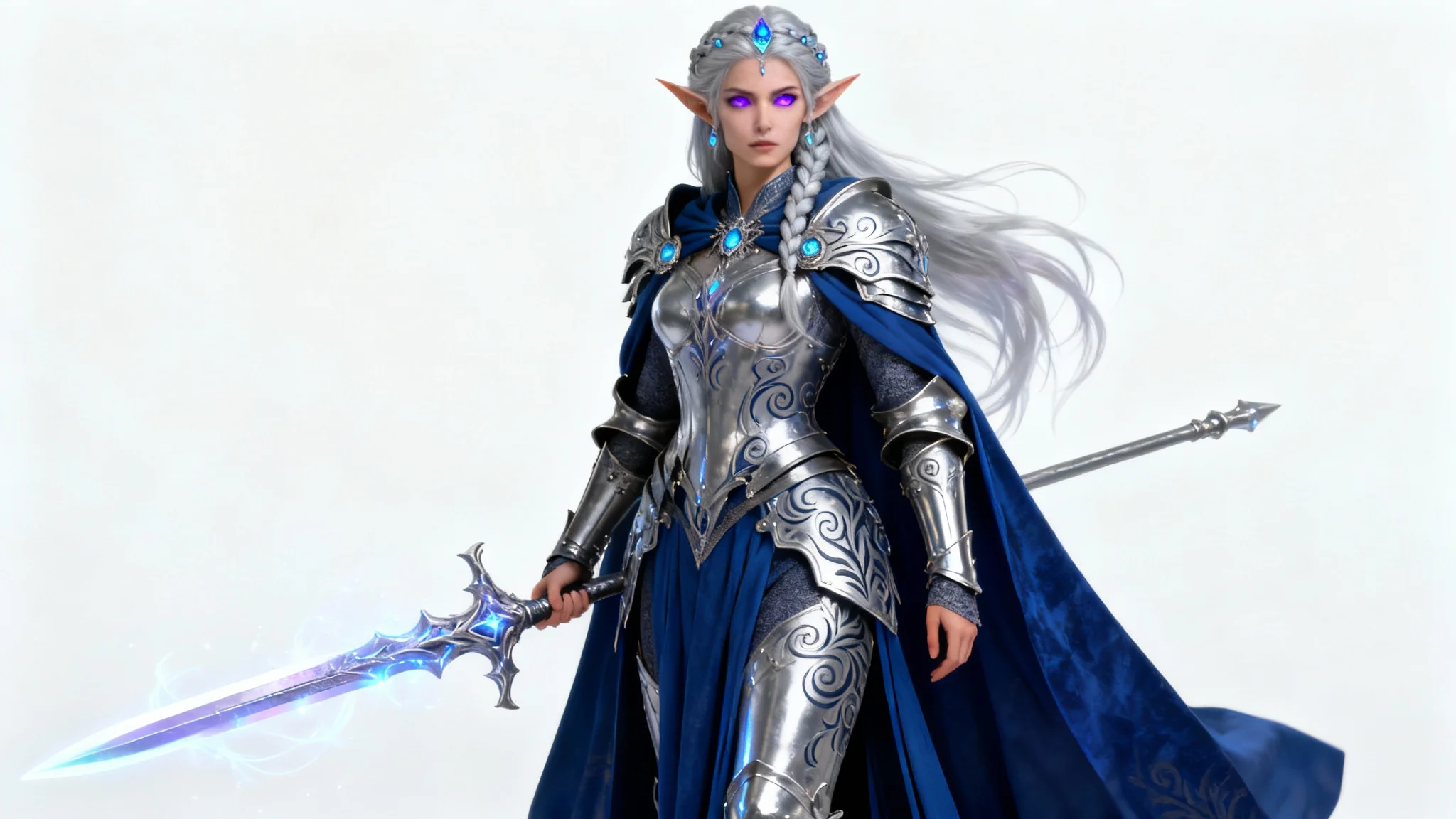 A photorealistic portrait of an elven warrior queen with silver hair and violet eyes, wearing ornate silver armor and a blue cape, holding a glowing spear against a white background.