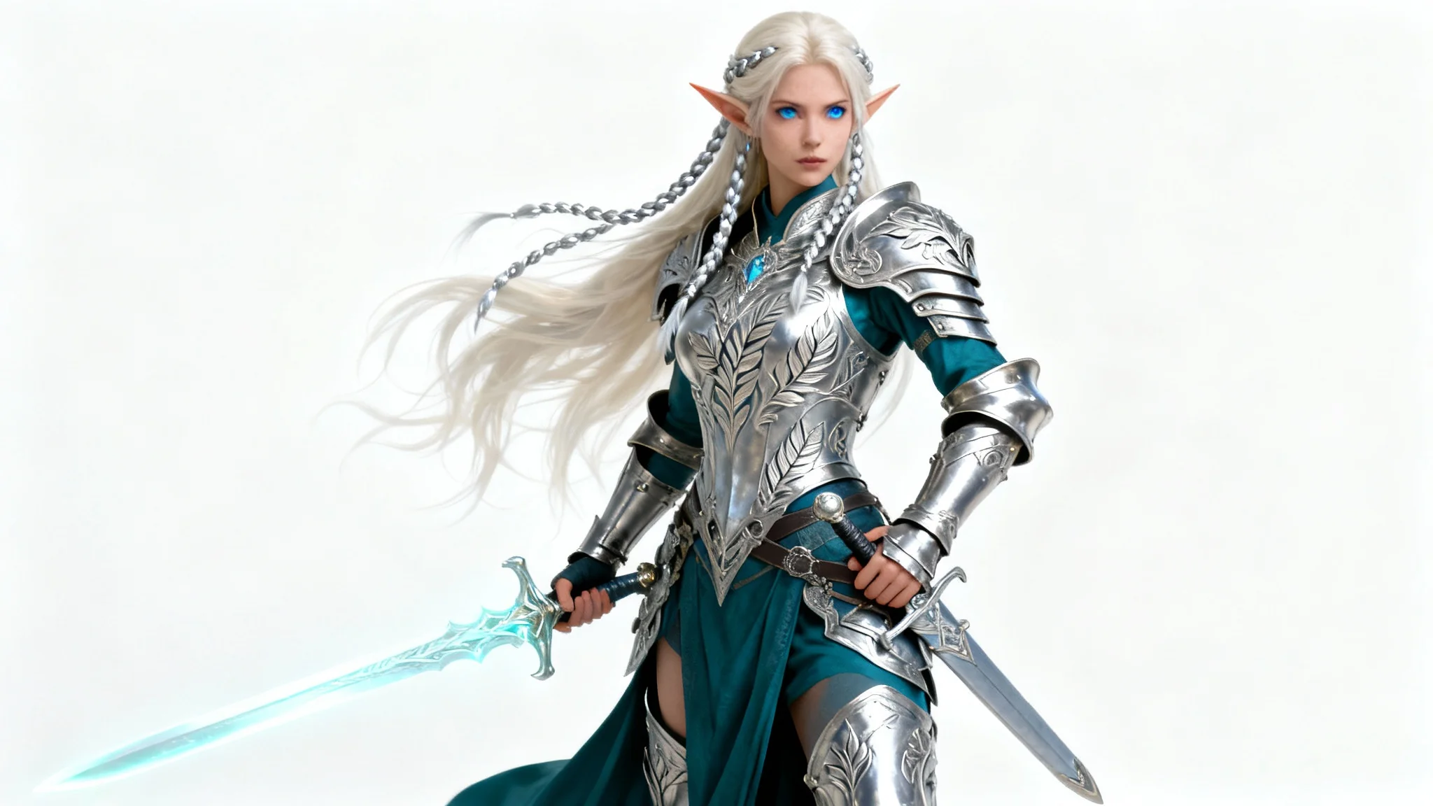 A hyper-realistic concept art of a female elf warrior in ornate silver armor, holding a glowing sword against a stark white background.