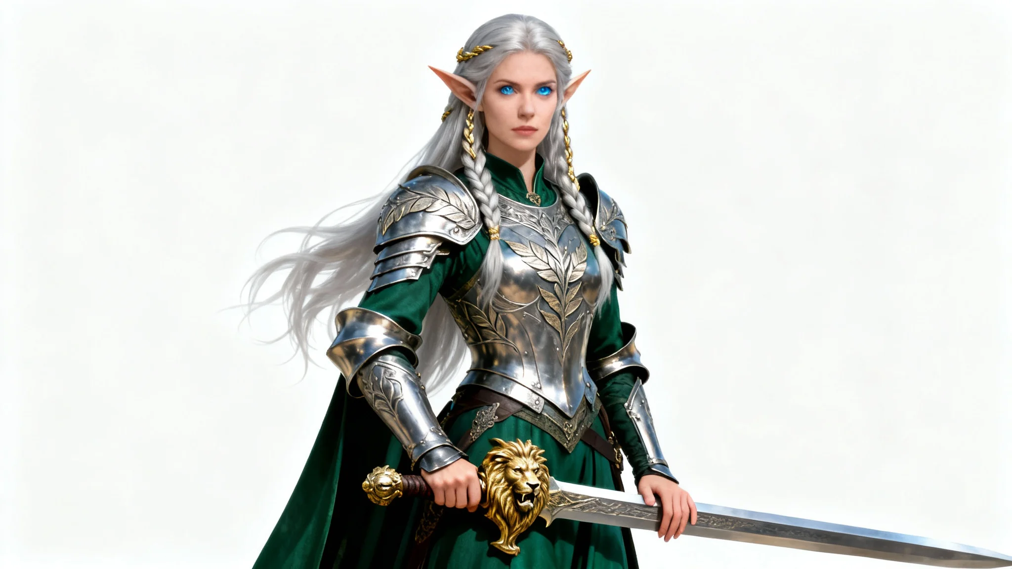 A hyper-realistic concept art portrait of an elven warrior queen with silver hair and blue eyes, wearing ornate steel armor, standing against a clean white background.