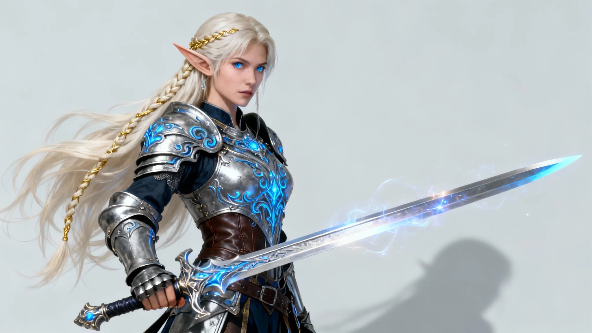 A full-body concept art illustration of a female elven warrior in ornate silver armor, holding a magical sword against a plain light grey background.