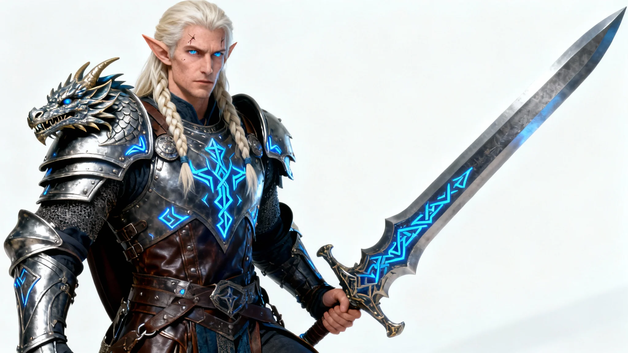 A photorealistic mockup of a male elf warrior in detailed silver armor with a greatsword, standing heroically against a plain white background.