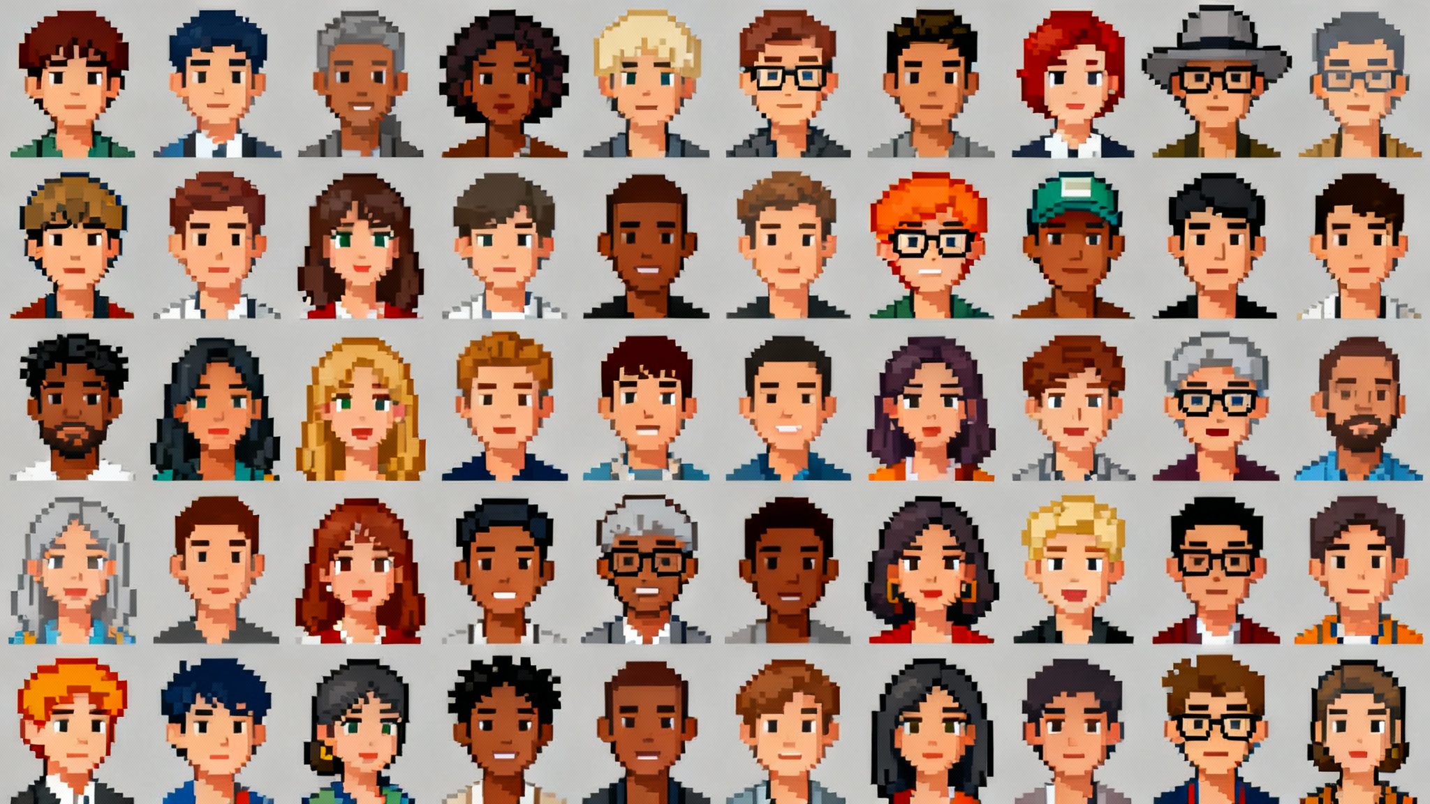 A grid collage displaying a variety of professionally made pixel art avatars, showing diverse characters and styles on a clean background.