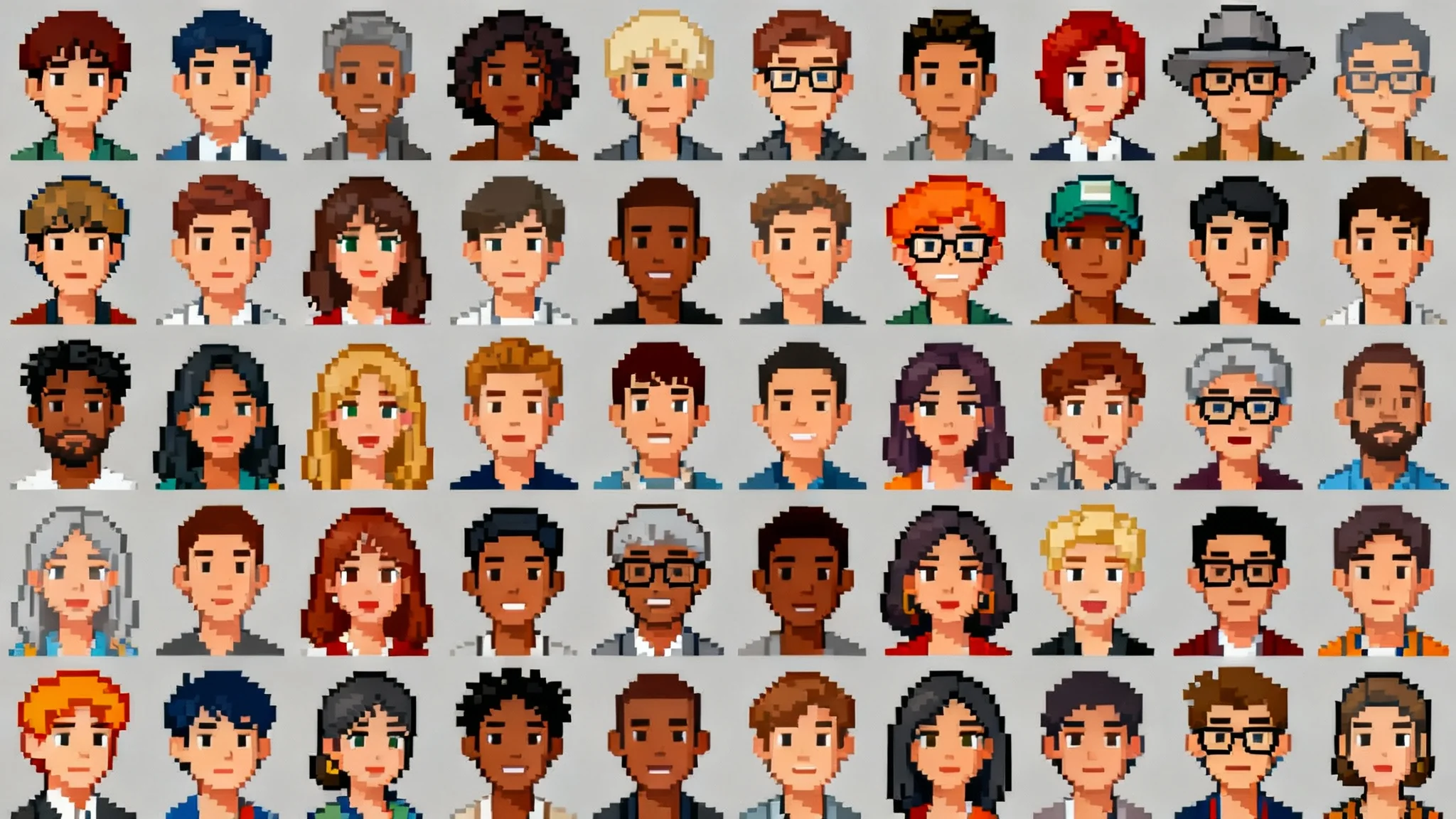 A grid collage displaying a variety of professionally made pixel art avatars, showing diverse characters and styles on a clean background.