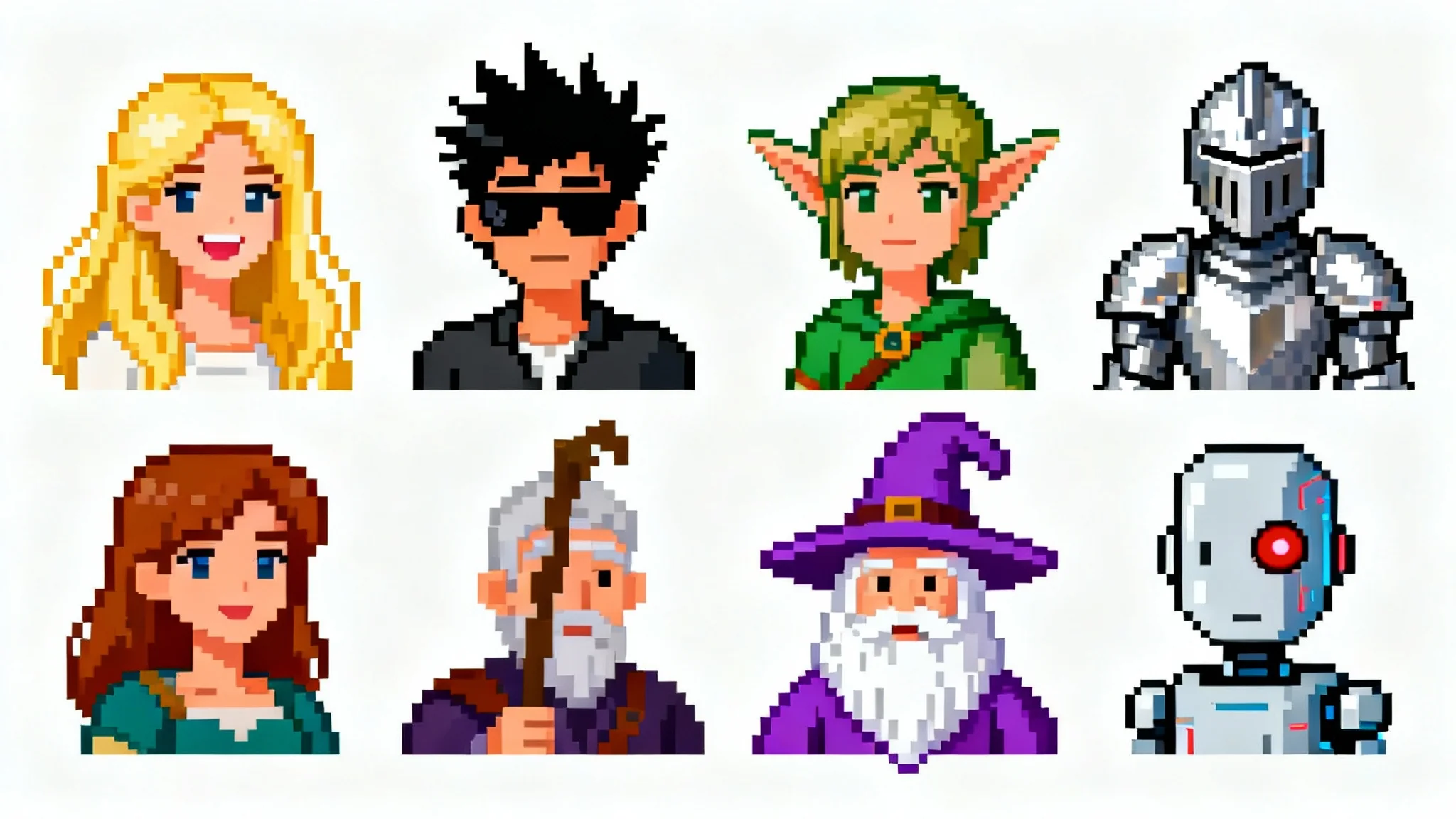 A vibrant grid of 16 unique pixel art avatars, featuring diverse characters like a knight, an elf, and a modern person with sunglasses, all displayed on a clean white background.