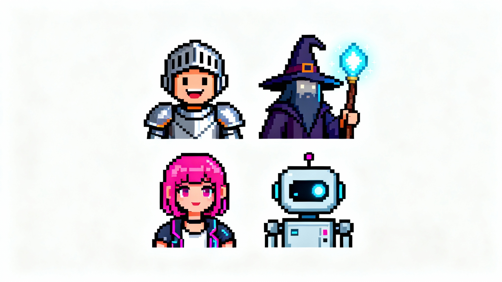 A grid of four detailed pixel art avatars, including a knight, a wizard, a cyberpunk girl, and a robot, displayed against a clean white background.