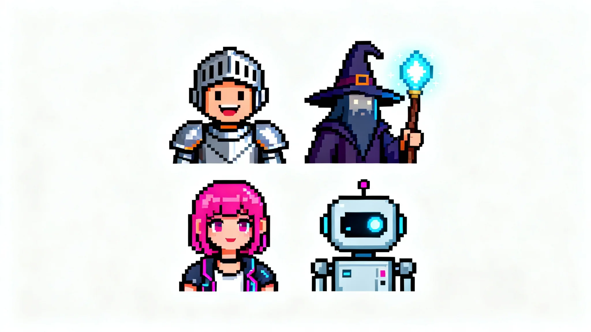 A grid of four detailed pixel art avatars, including a knight, a wizard, a cyberpunk girl, and a robot, displayed against a clean white background.