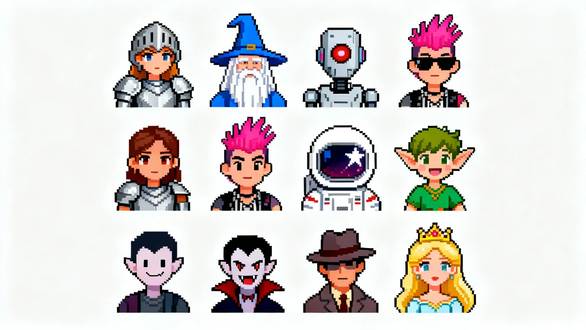 A colorful 3x3 grid of nine unique character avatars in a 16-bit pixel art style against a plain white background, showcasing a variety of fantasy and sci-fi characters.