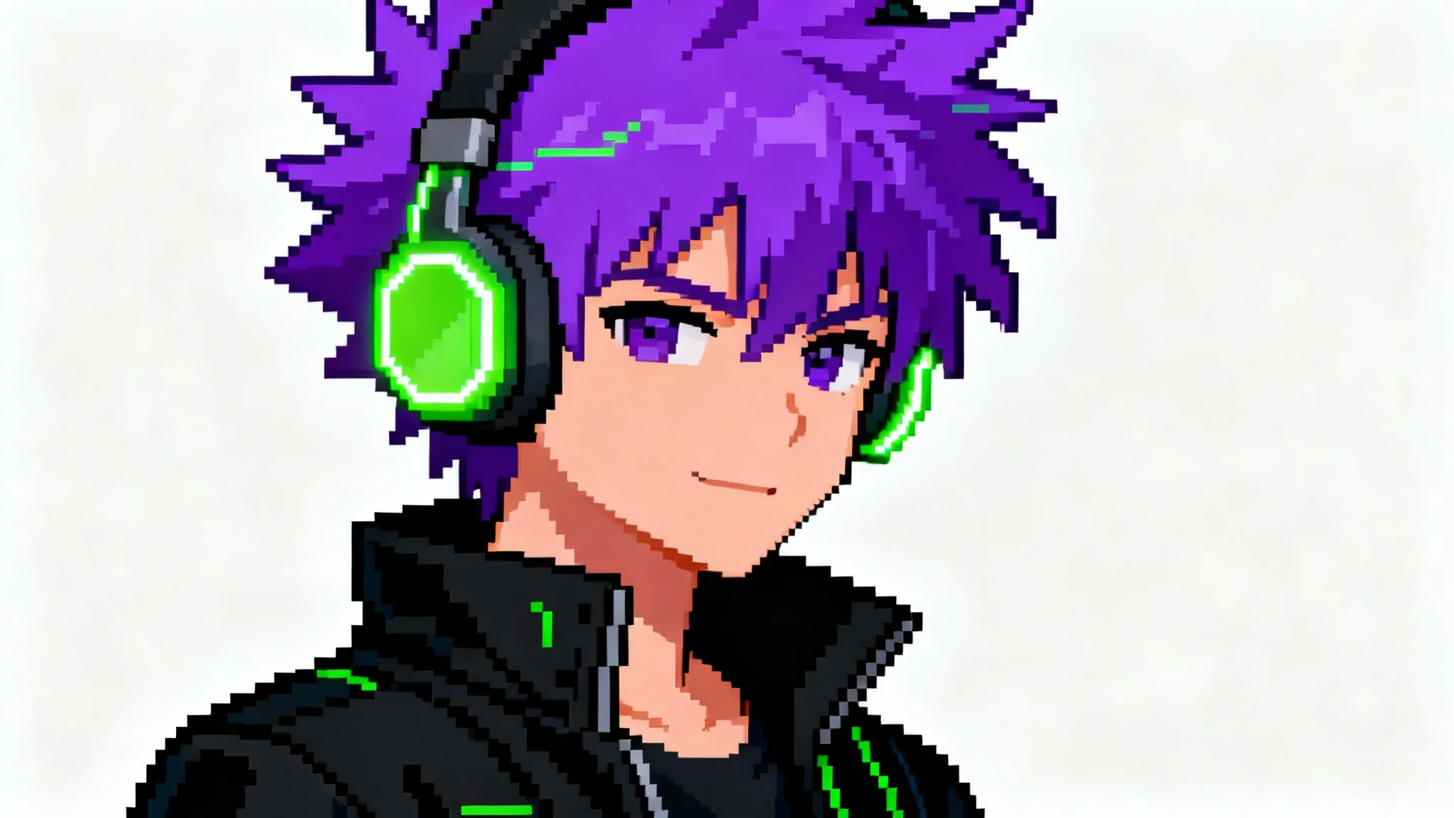 A detailed pixel art avatar of a character with purple hair and glowing green headphones, showcased against a plain white background.