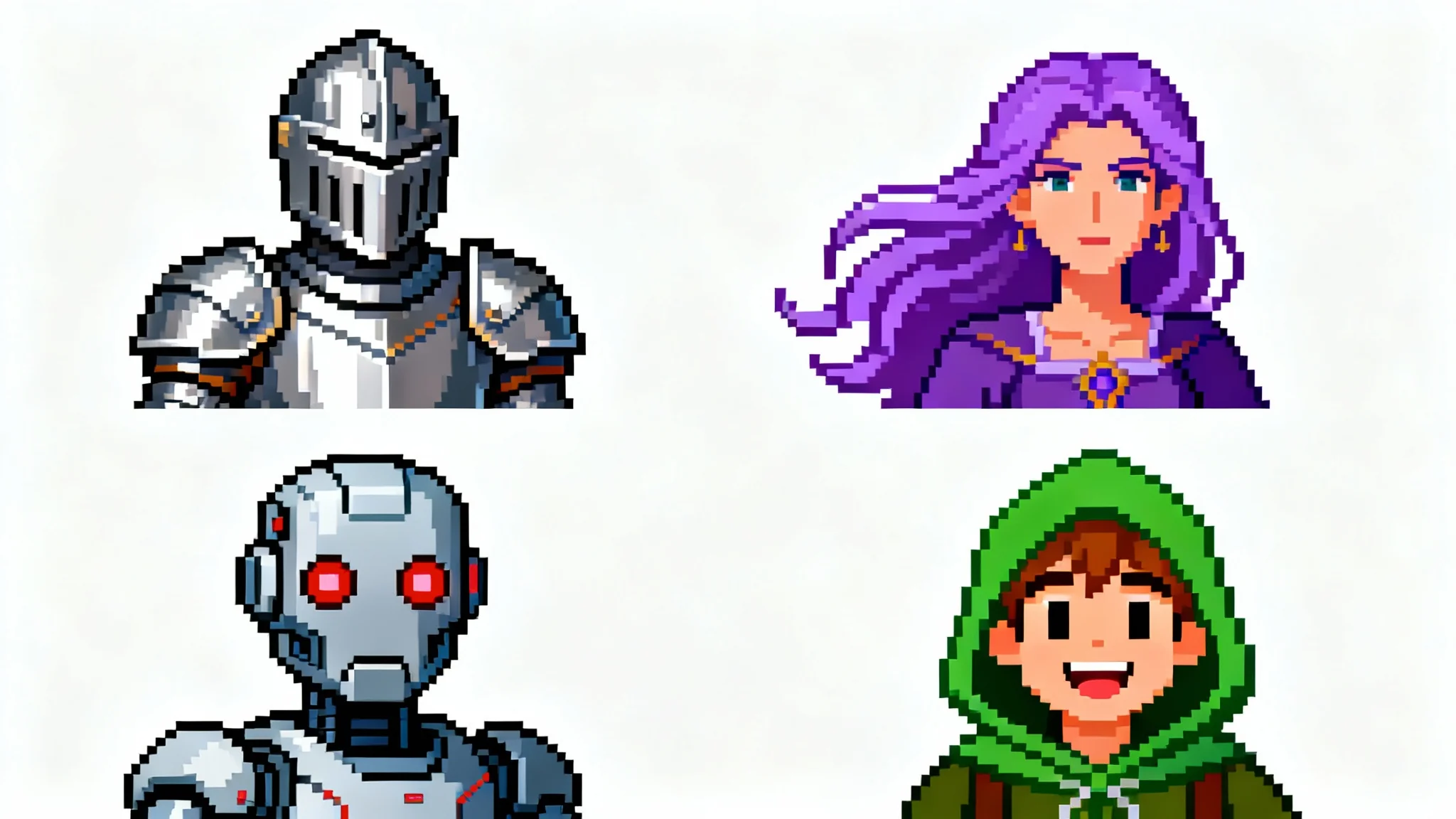 A grid of four distinct 16-bit pixel art avatars, featuring a knight, a sorceress, a cyborg, and an adventurer, all displayed on a clean white background.