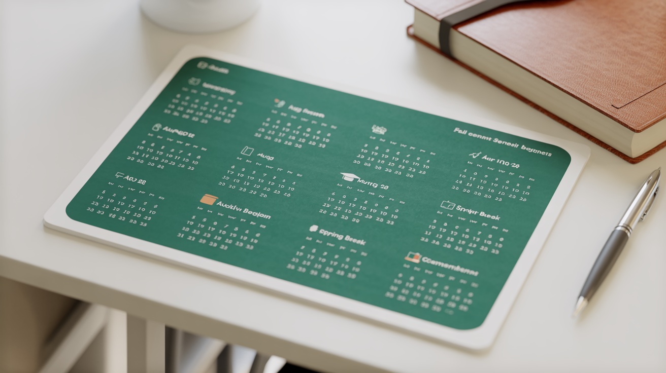 A professionally designed academic calendar for the school year, shown in a flat-lay on a white desk. The calendar uses a vibrant green and white color scheme with clear text and icons marking important dates like exams and holidays.