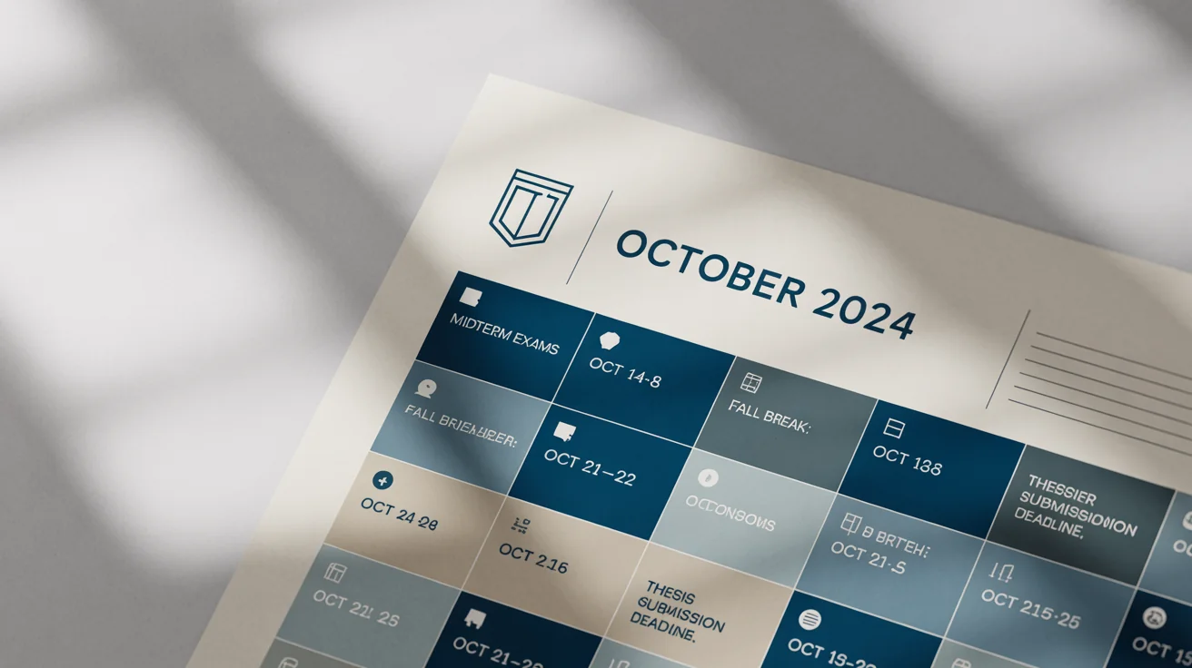 A professionally designed academic calendar for the month of October, showing key dates like 'Midterm Exams' and 'Fall Break', presented as a clean mockup on a white background.