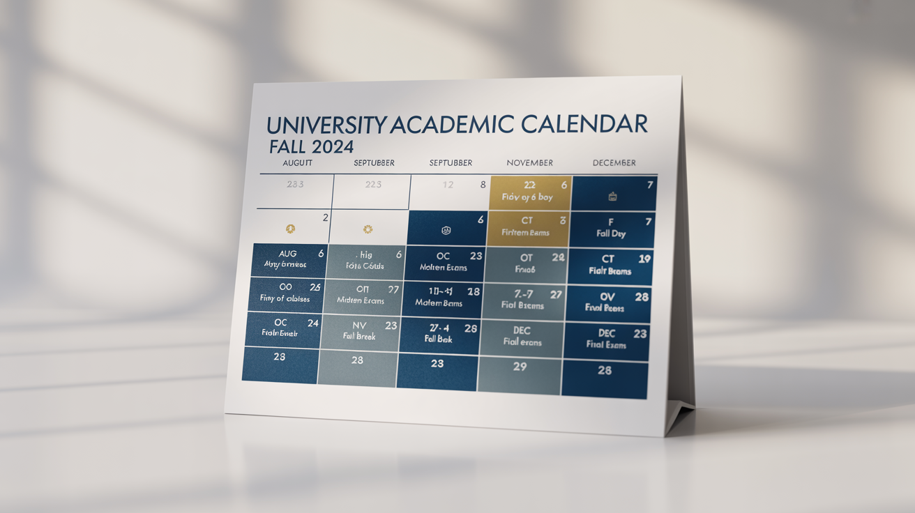 A mockup of a professional academic calendar for the Fall 2024 semester, showing key dates like the first day of class, midterms, and final exams, set against a clean white background.